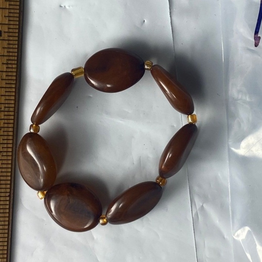 Chunky Brown Faceted Bead‎ Stretch Bracelet Gold Tone Accents Women